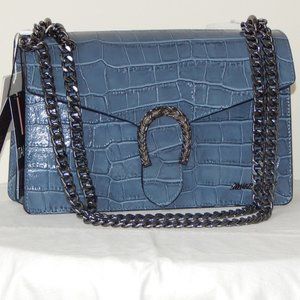 Marina Galanti Croc Embossed Leather Chain Flap Closure Crossbody Bag BLUE Italy